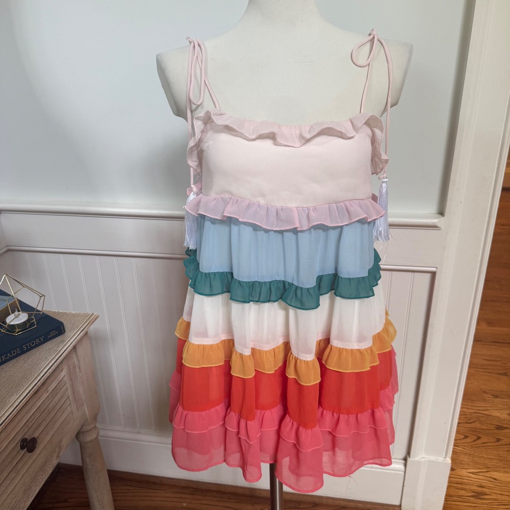 Hazel & Olive Rainbow Tiered Ruffle Mini Dress Multi Color Tassel Tie Straps S